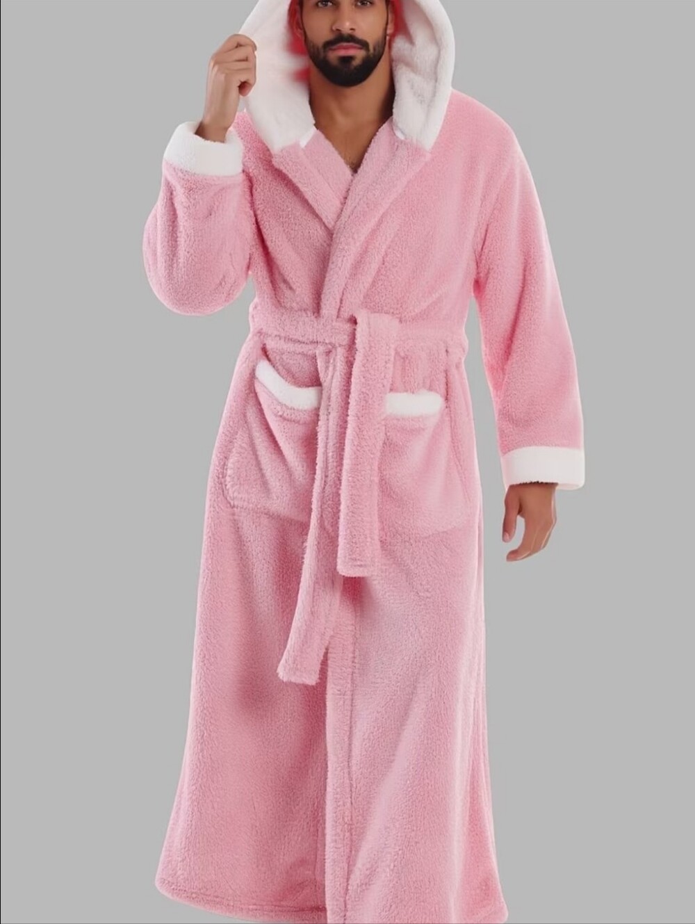 Men Pink Plush Long Bsthrobe Fits Sizes L-1XL